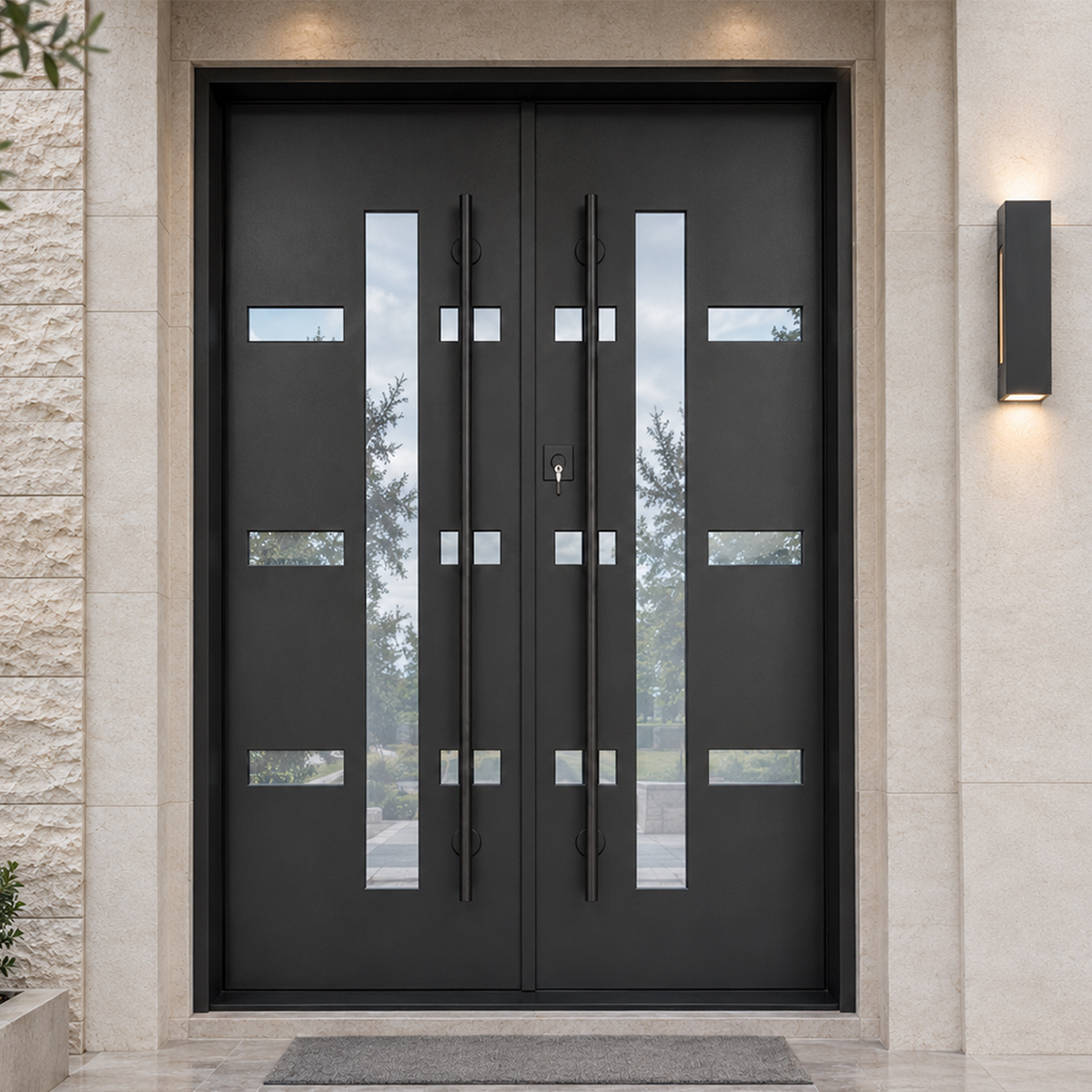 Luxury modern double iron entry door with linear glass accents installed at a contemporary American home entrance