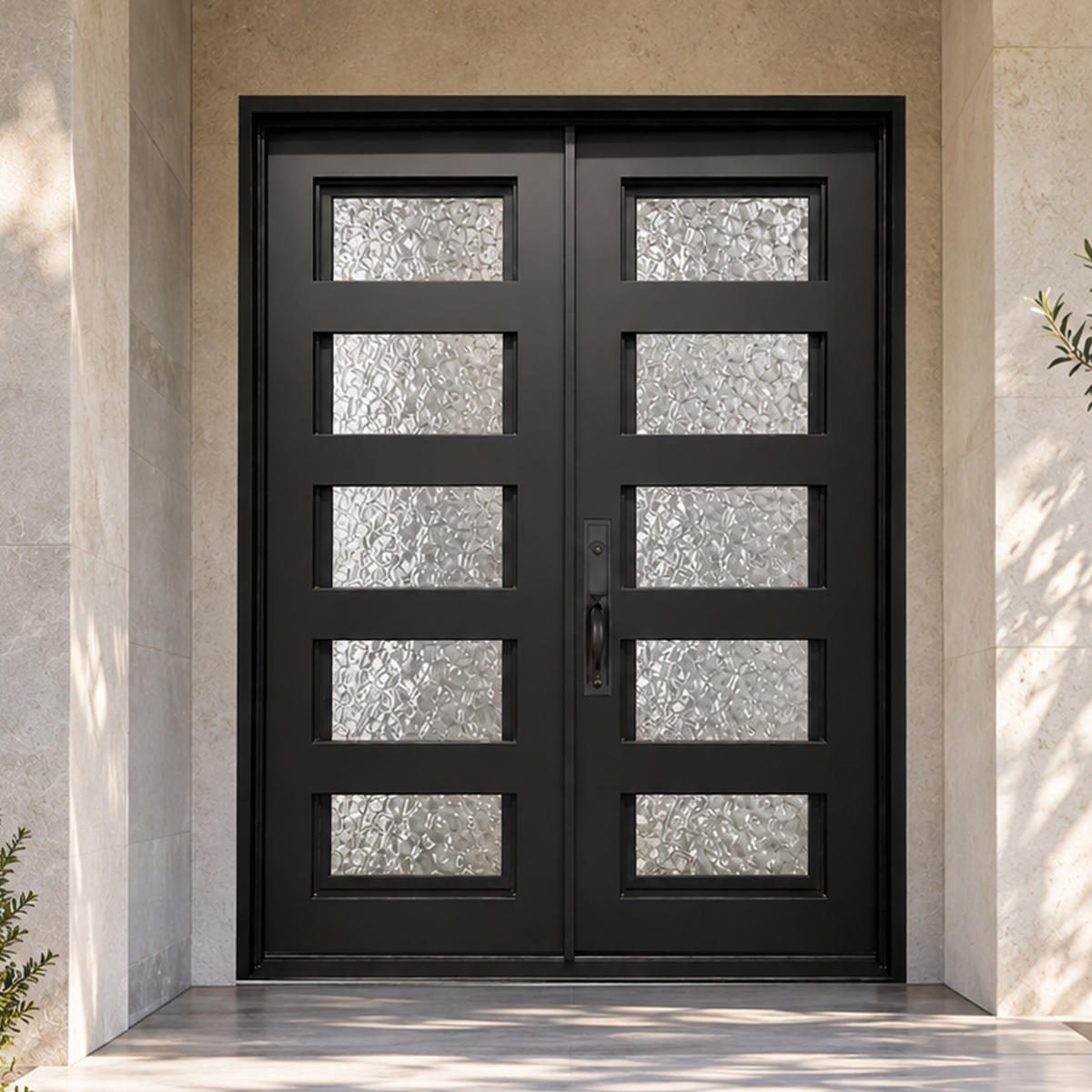 Luxury modern double iron entry door with rectangular textured glass panels at an upscale American home exterior