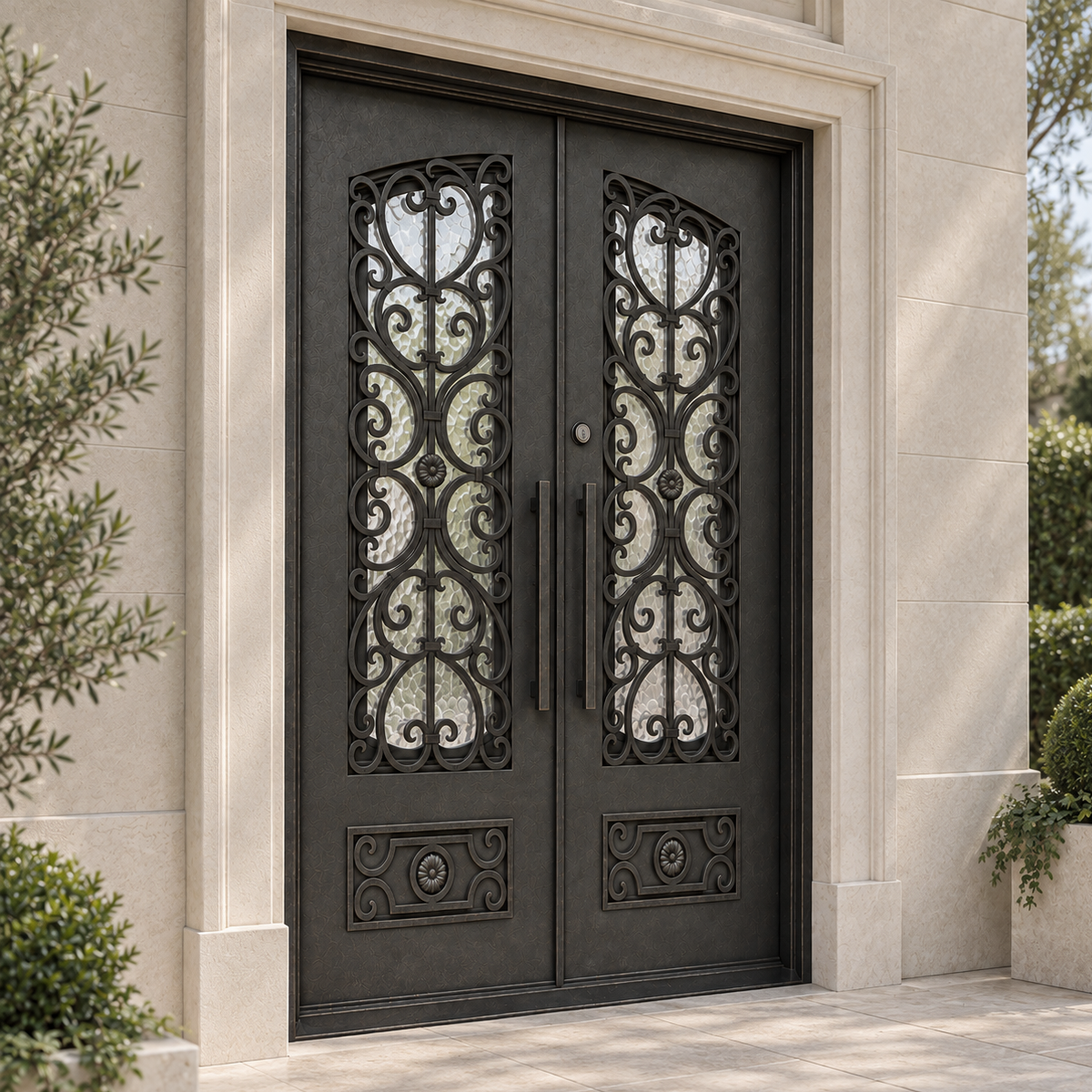 Luxury traditional double iron entry door with intricate scrollwork shown from an angled American home exterior view