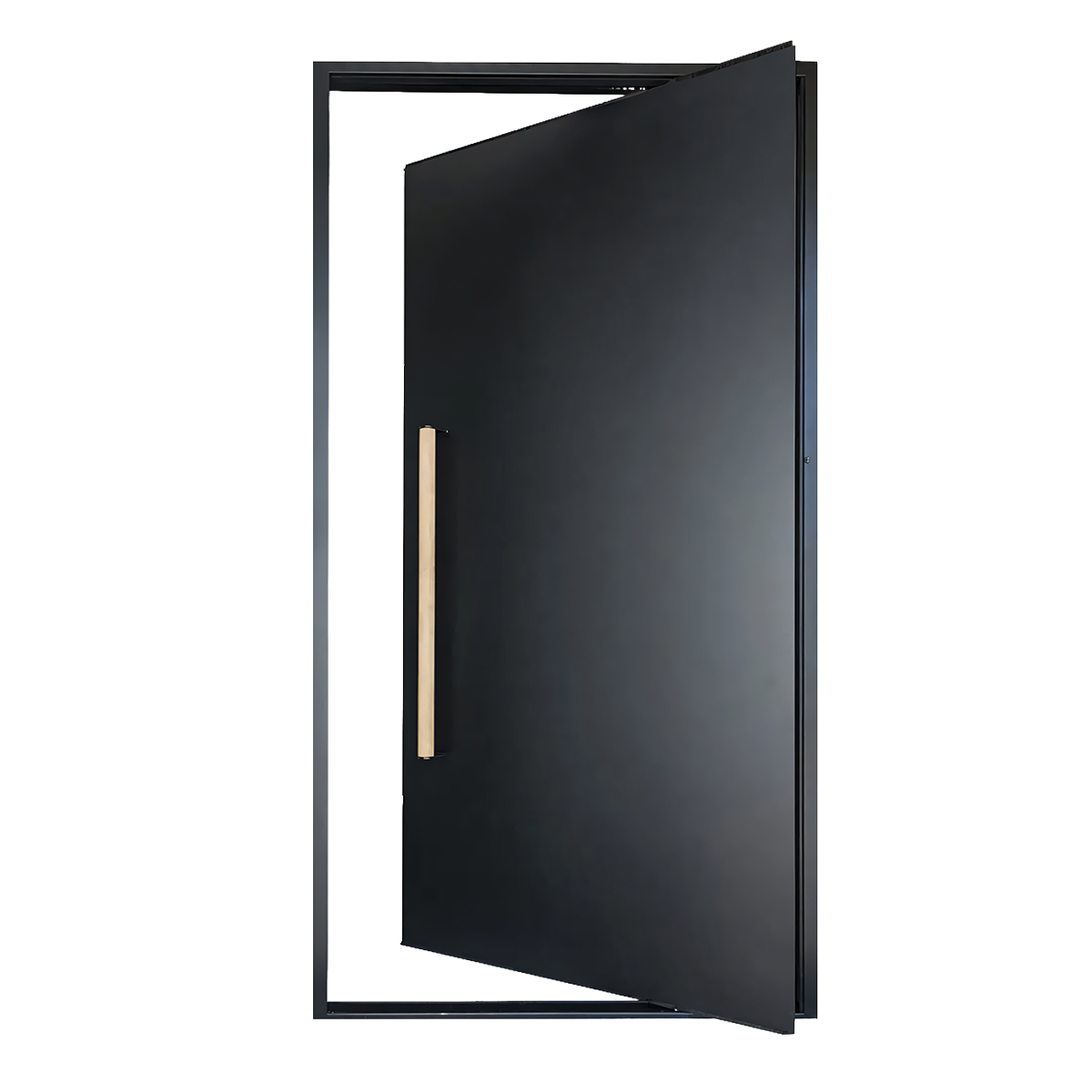 Matte black pivot door shown partially open with a long vertical pull handle on white background