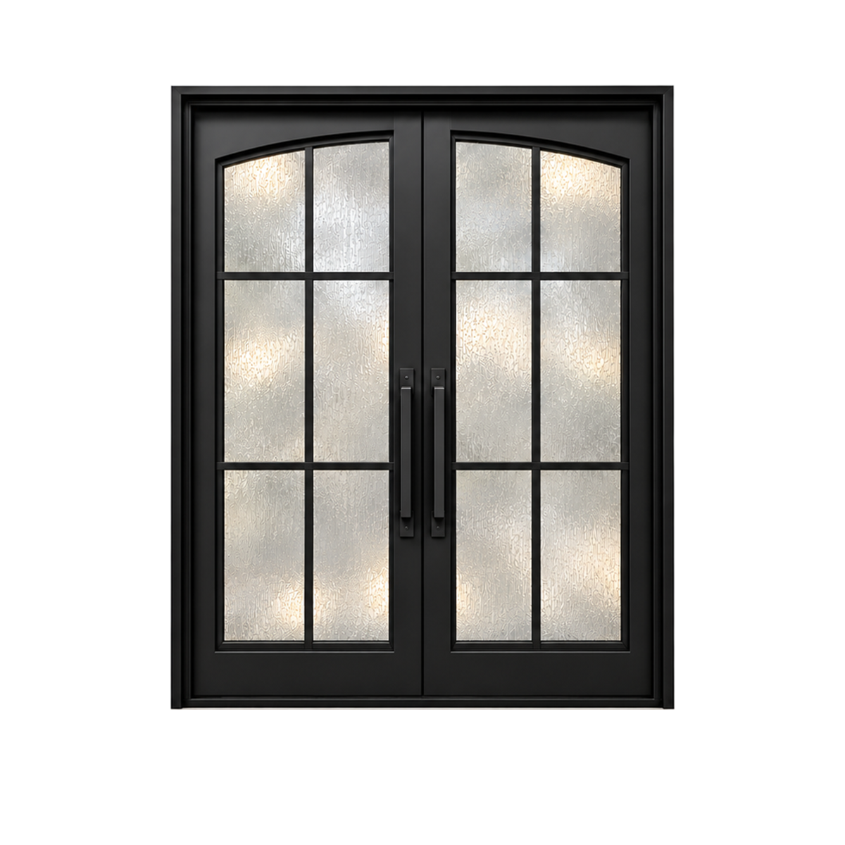 Front product view of a black double iron door with textured glass, grid panels, and vertical pull handles