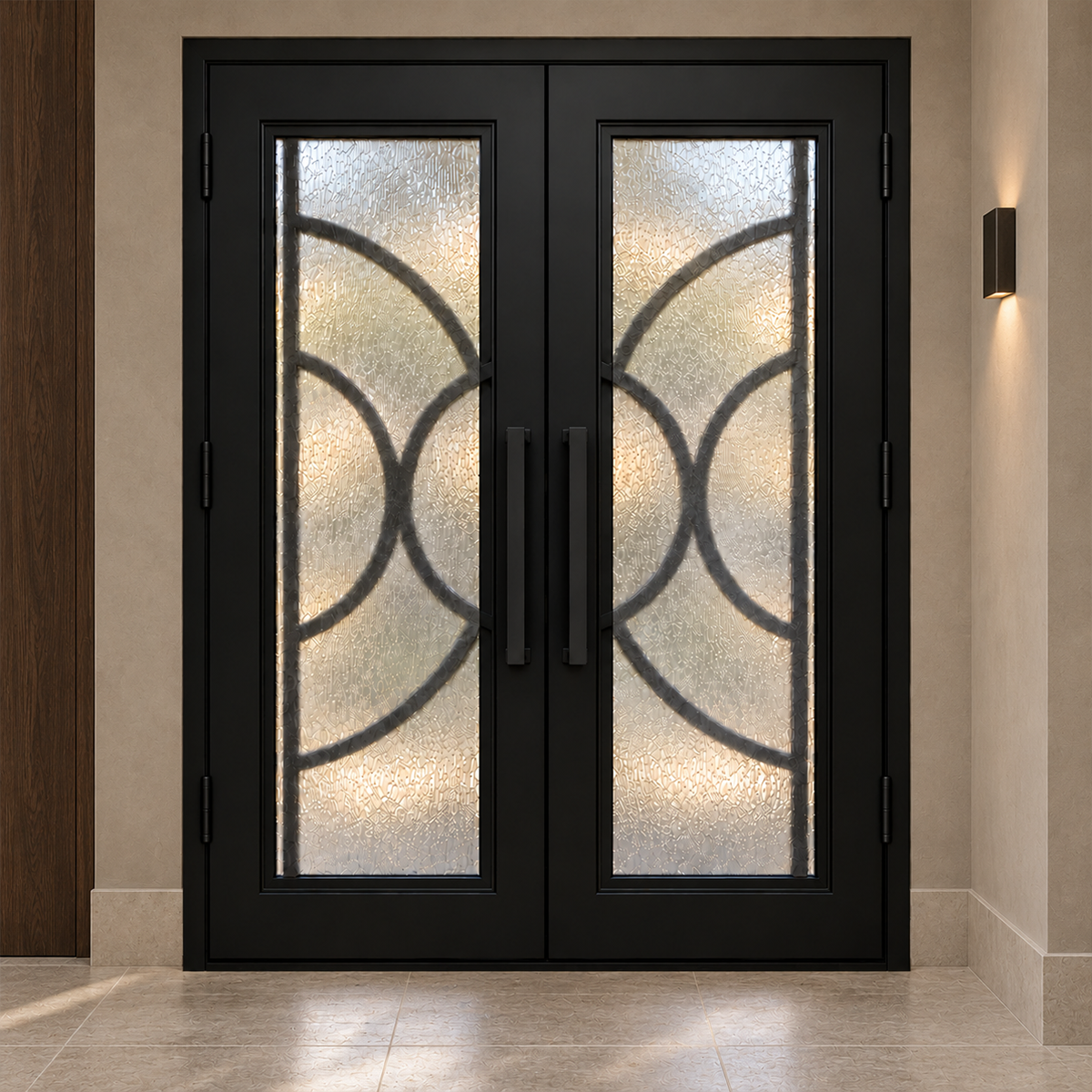 Interior rear view of black double modern iron doors with textured glass in a contemporary entryway