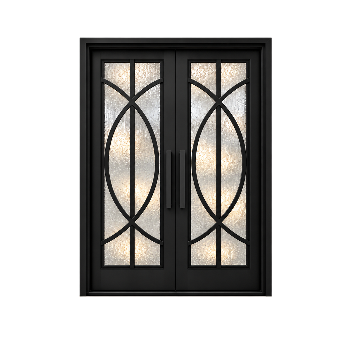 Front product view of black double iron doors with overlapping arc patterns and textured glass panels