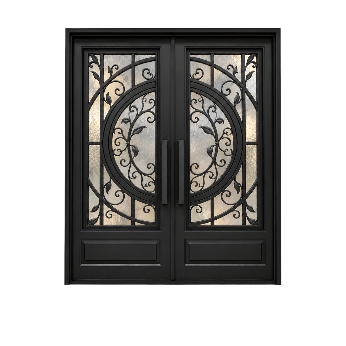 Front view of black double traditional iron doors with circular leaf scrollwork, textured glass, straight pull handles, and solid lower panels