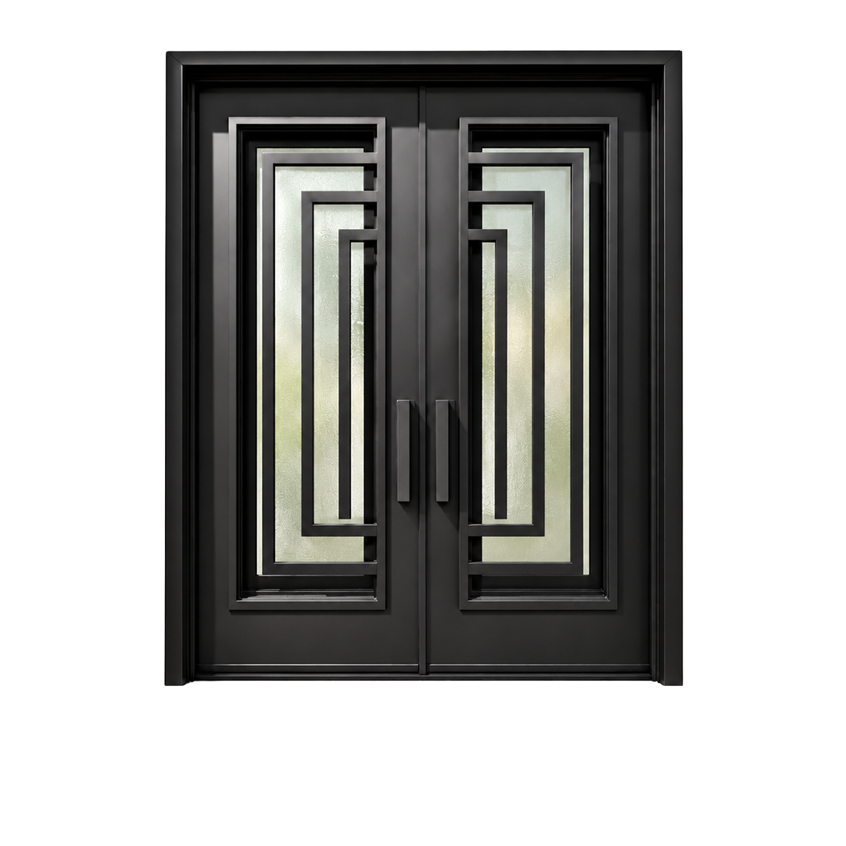 Front view of black double modern iron doors with mirrored rectangular ironwork, textured glass, and straight pull handles