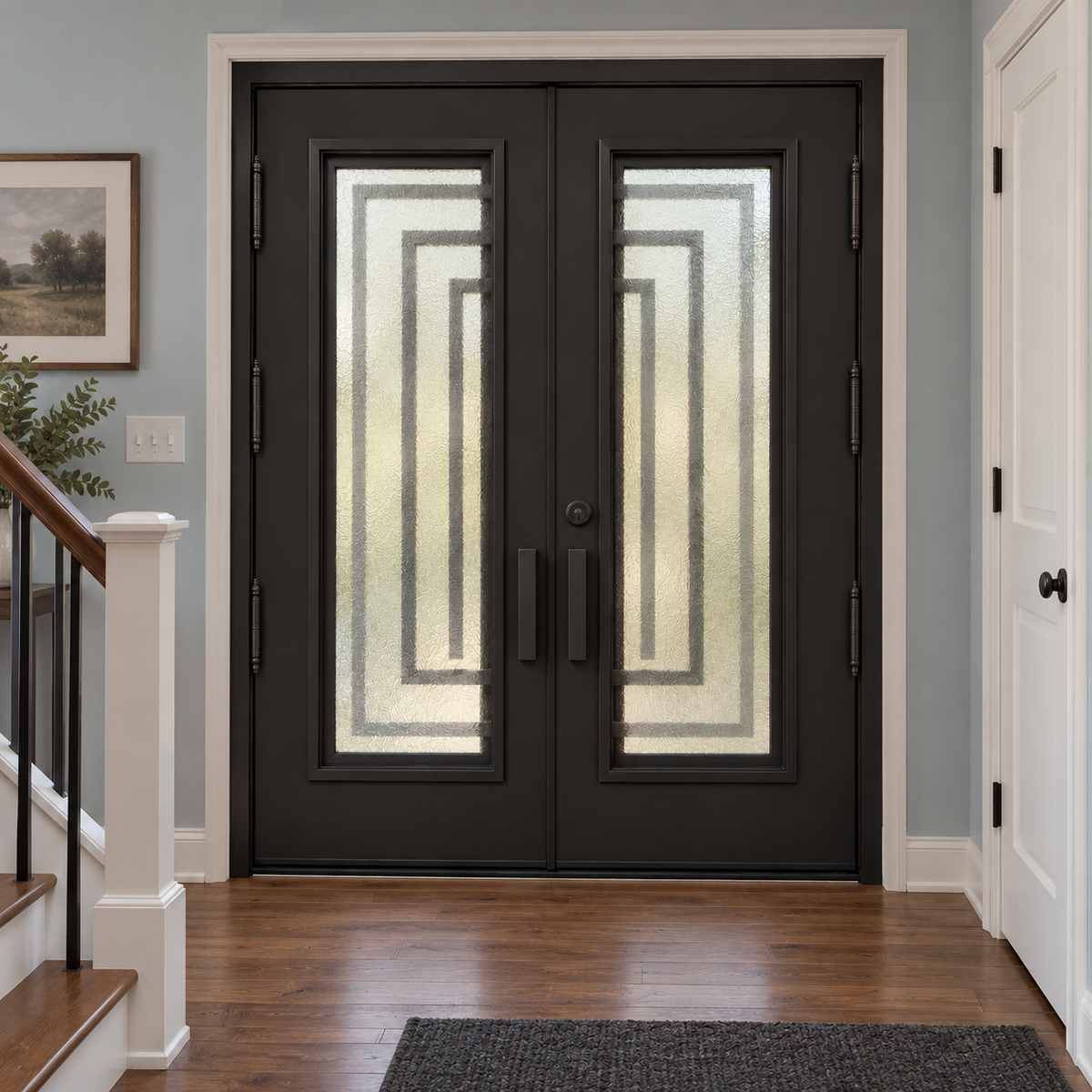 Interior view of black double iron doors with tall textured glass panels and rectangular patterns visible through the glass
