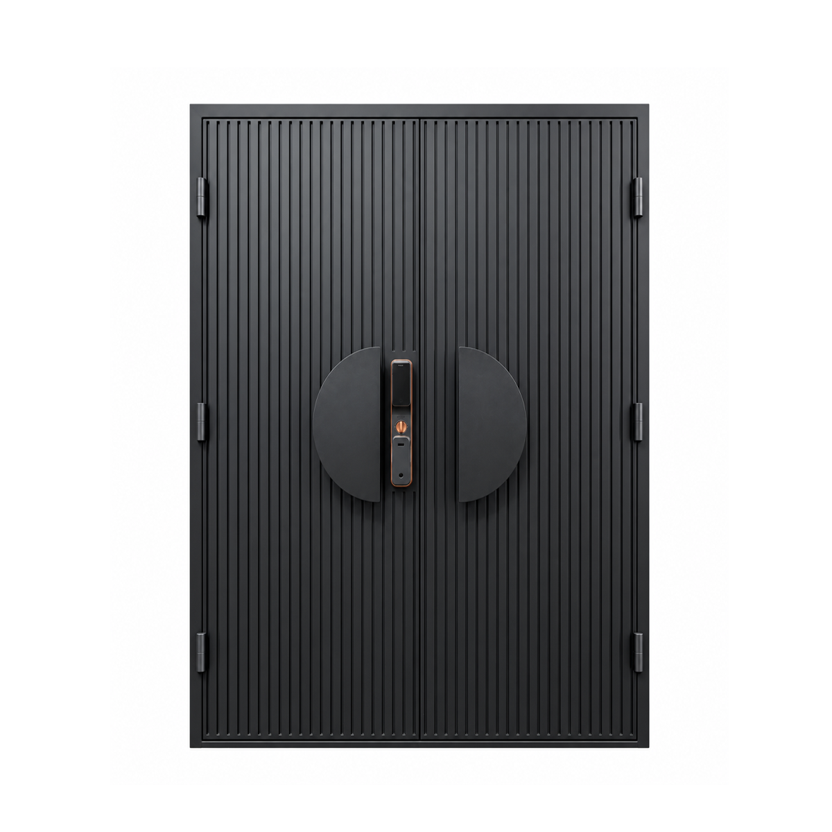 Rear view of black double iron doors showing vertical ribs, semicircular pulls, central lock hardware, and exposed hinges