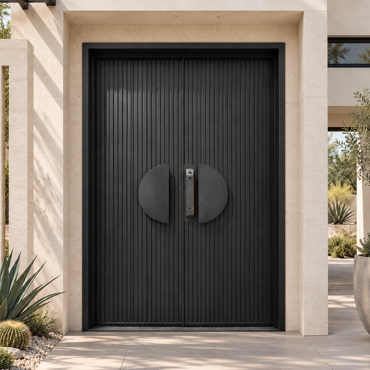 Black double modern iron doors with vertical ribbed panels and semicircular pulls in a pale stone entrance