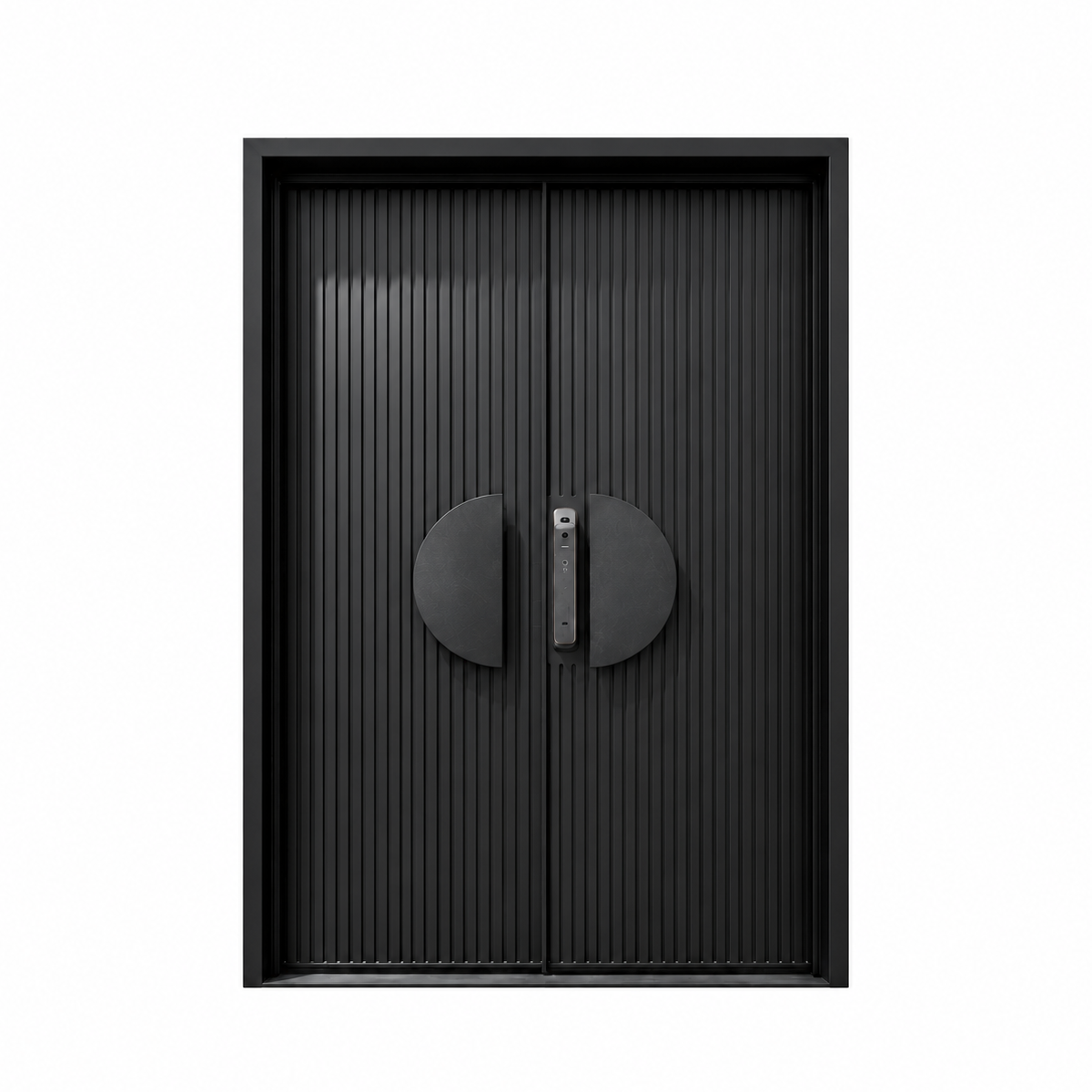 Front view of square top black double iron doors with solid ribbed panels and paired semicircular pull handles