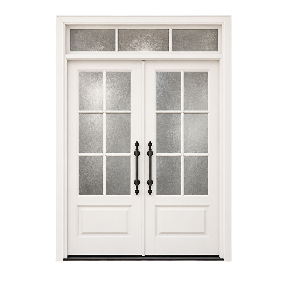 White double iron doors on a white background showing textured glass grids, rectangular lower panels, and an overhead transom