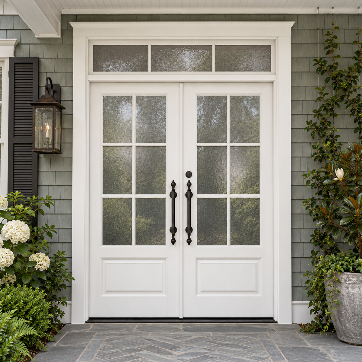 White double modern iron doors with divided textured glass and a rectangular transom in a gray shingle porch entrance