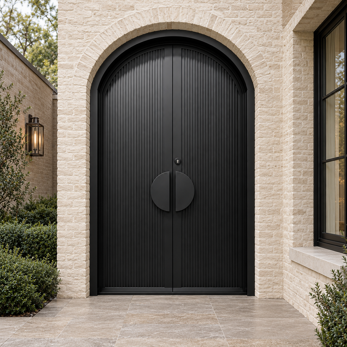 Arched black double modern iron doors with vertically fluted solid panels and half-moon handles in a pale brick entrance