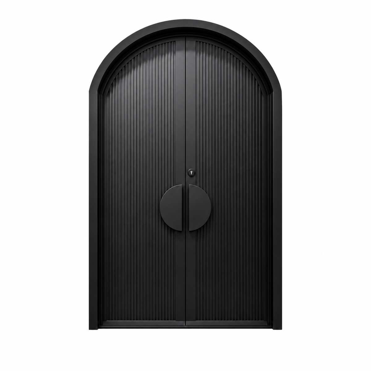 Front view of arched black double iron doors with narrow vertical fluting and paired half-moon handles forming a circular accent