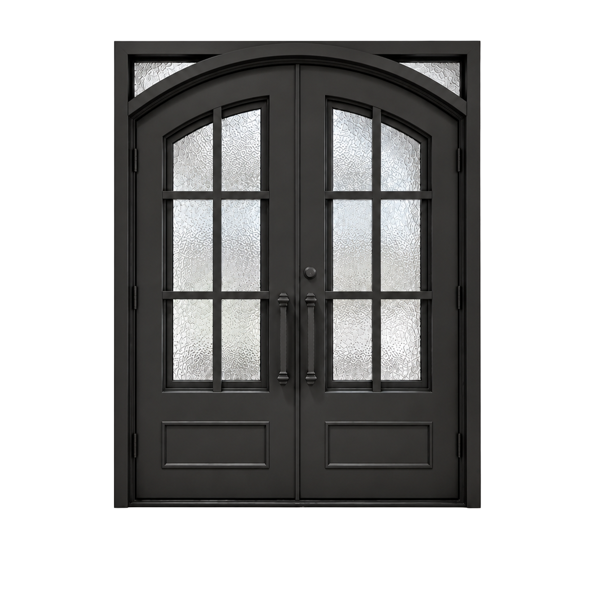 Front view of black double iron doors with curved tops, six-section glass grids, and small upper glass sections within a rectangular frame