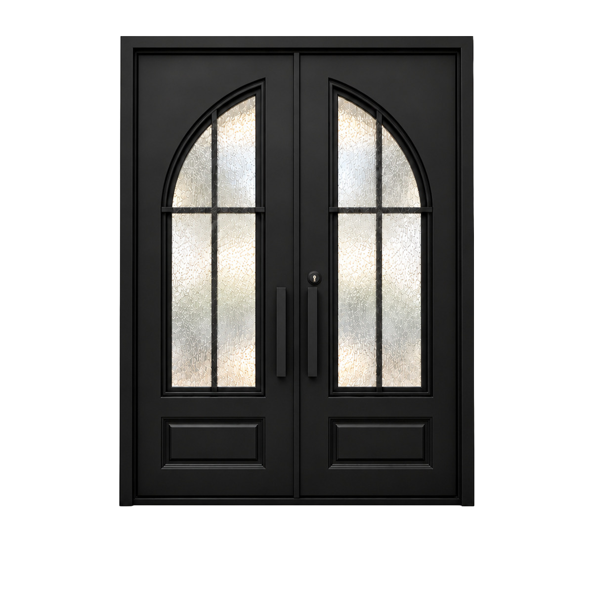 Front view of black double iron doors with mirrored curved glass insets, simple grid bars, straight handles, and framed lower panels