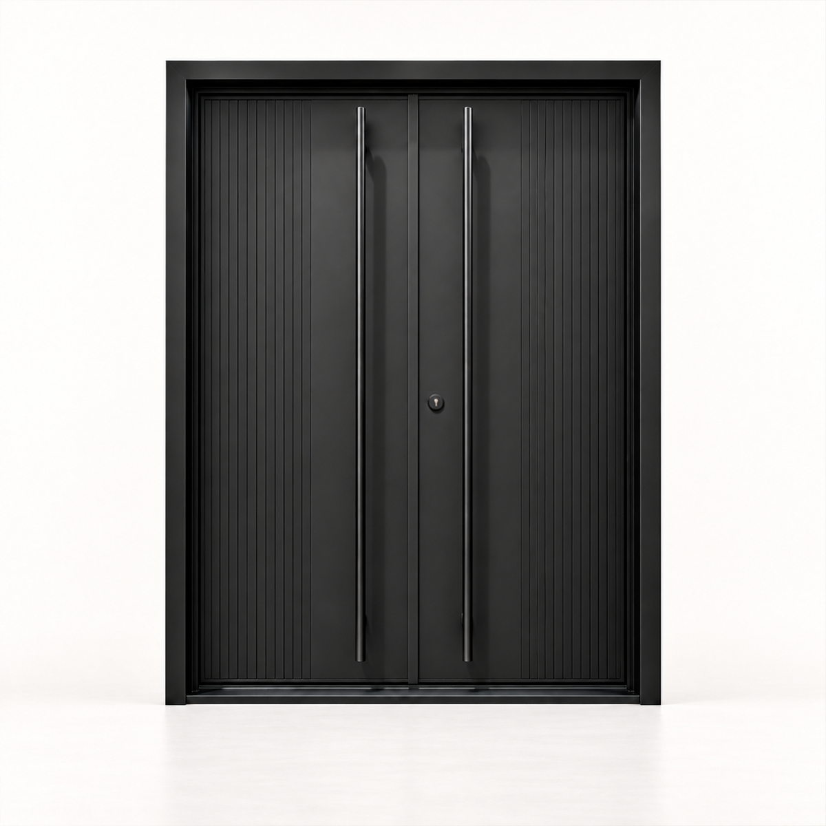 Black double iron doors on a white background with solid vertically grooved side panels, a square frame, and extra-long pull handles