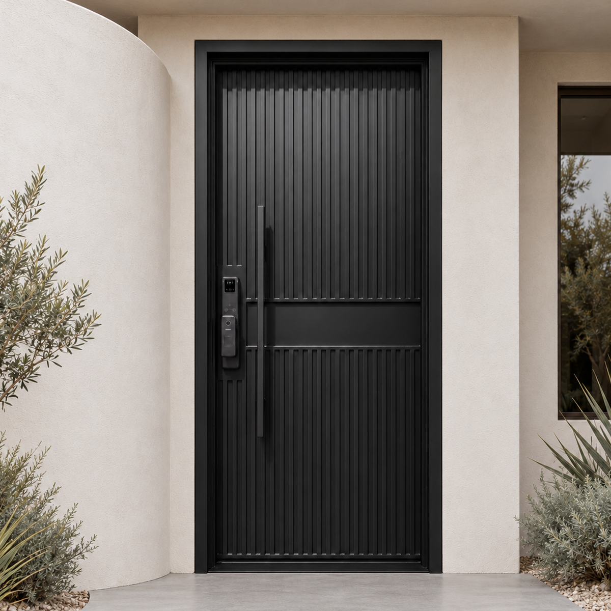 Black single modern iron door with vertical fluted panels and a long pull handle in a light stucco entrance