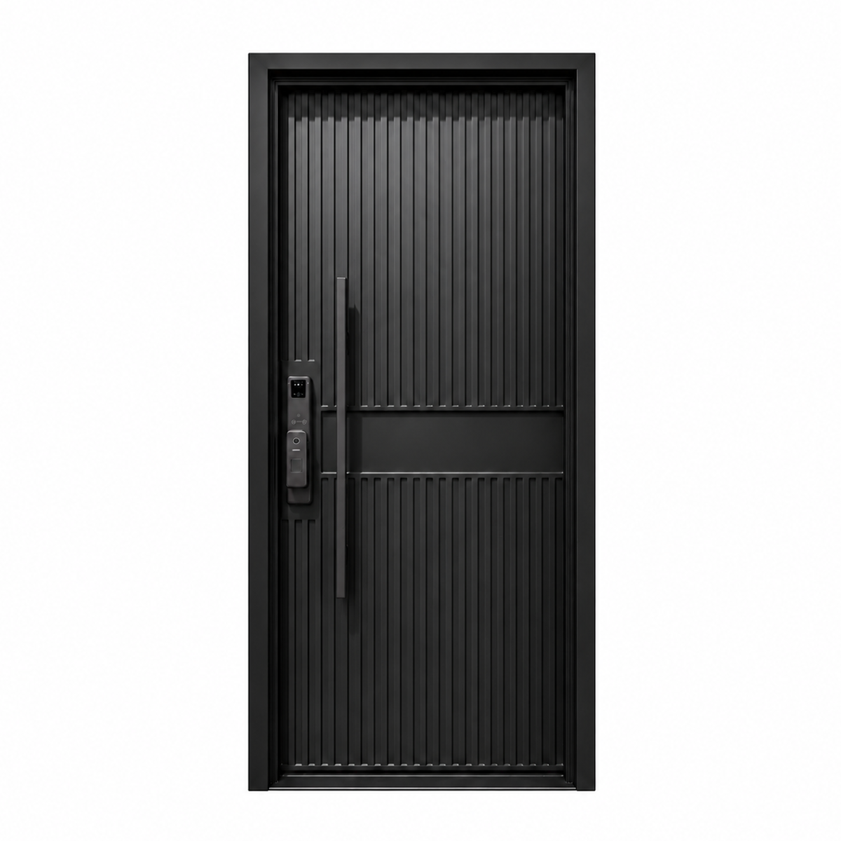 Front view of a black single modern iron door with vertical fluted panels, a horizontal center band, and a long pull handle
