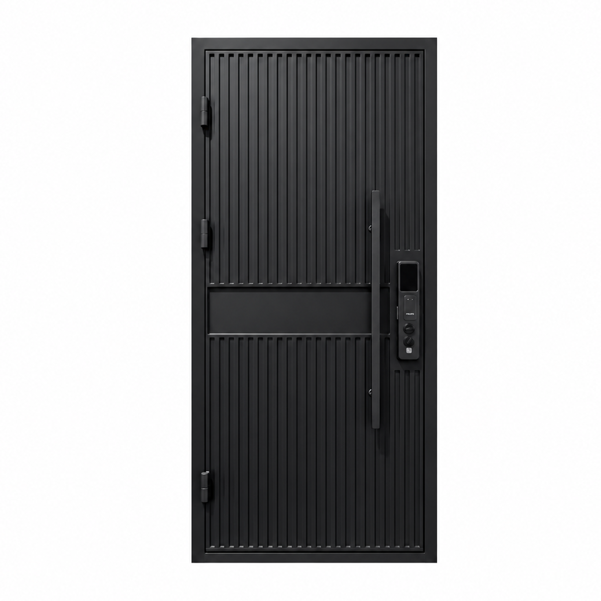 Rear view of a black single modern iron door with vertical fluted panels, a long pull handle, and visible hinges