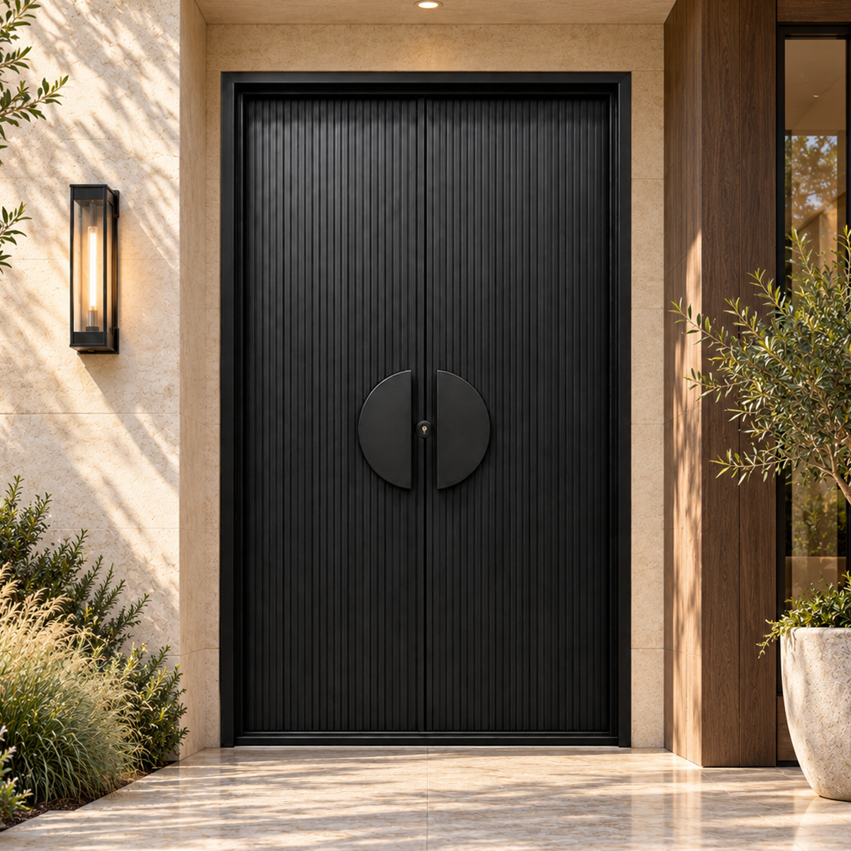 Black double modern iron doors with vertical fluting and paired half-moon handles in a stone and wood-clad entrance
