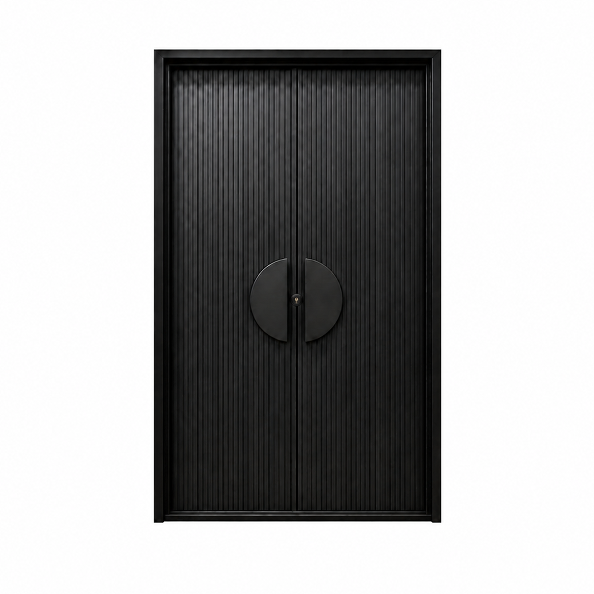 Front view of black double modern iron doors with vertical fluting, paired half-moon handles, and no glass