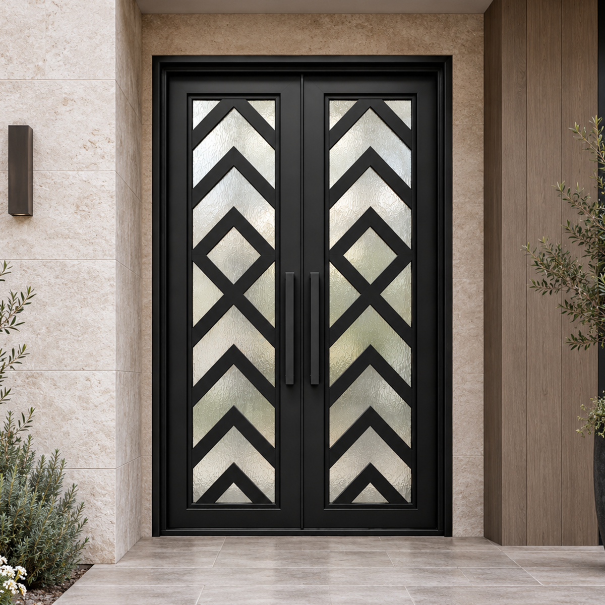 Black double modern iron doors with chevron and diamond detailing over textured glass in a stone and wood-clad entrance