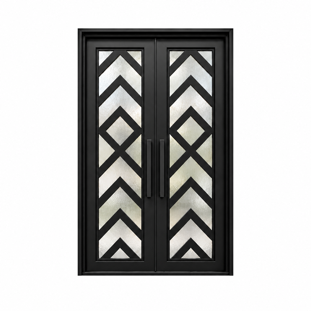 Front view of black double modern iron doors with chevron patterns, central diamonds, textured glass, and straight pull handles