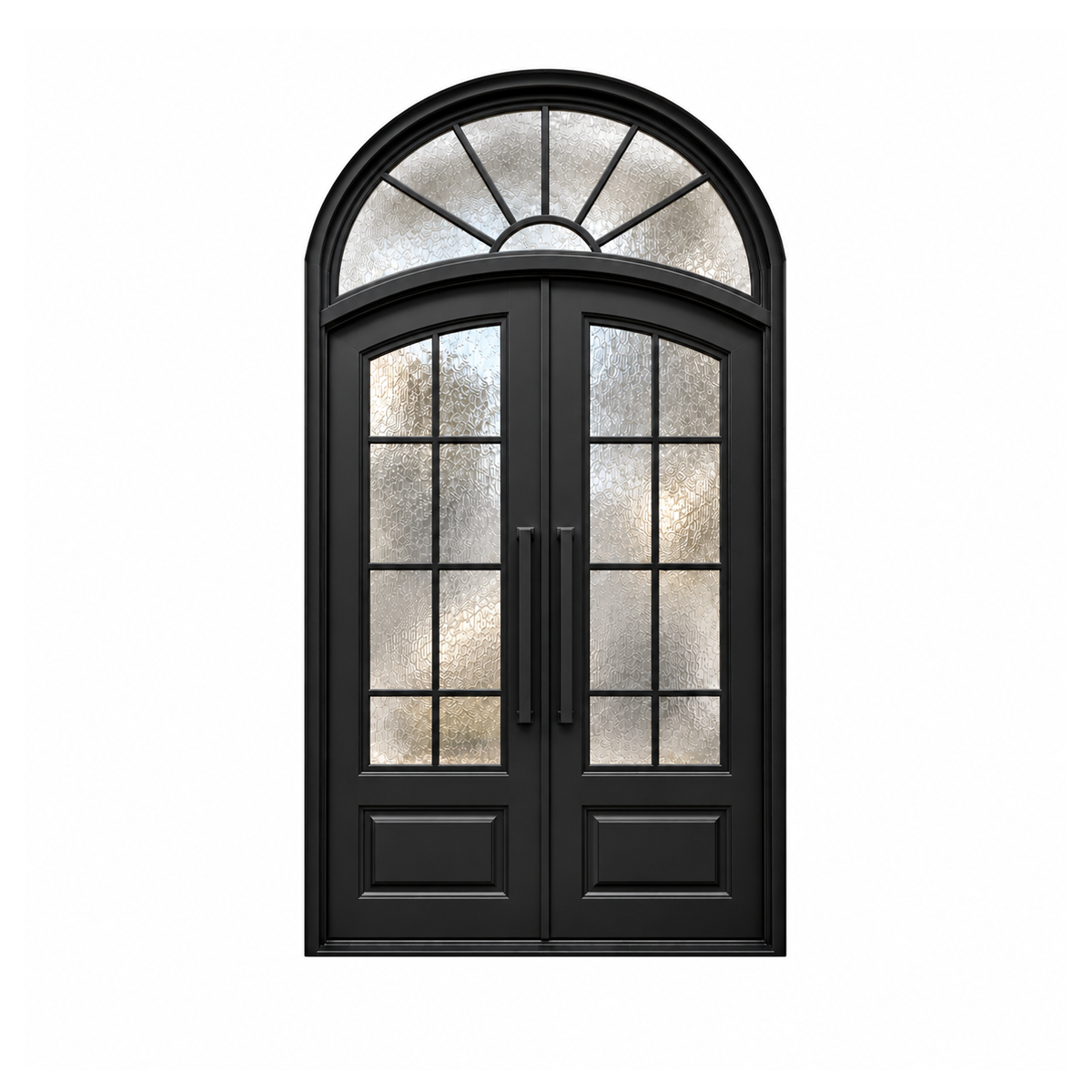 Front view of black double traditional iron doors with a rounded sunburst transom, eight-section glass grids, and framed lower panels