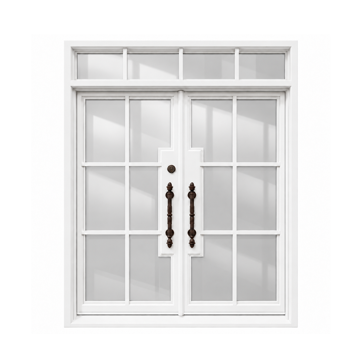 Front view of white double iron doors with six glass sections per leaf, stepped center borders, and a rectangular four-pane transom