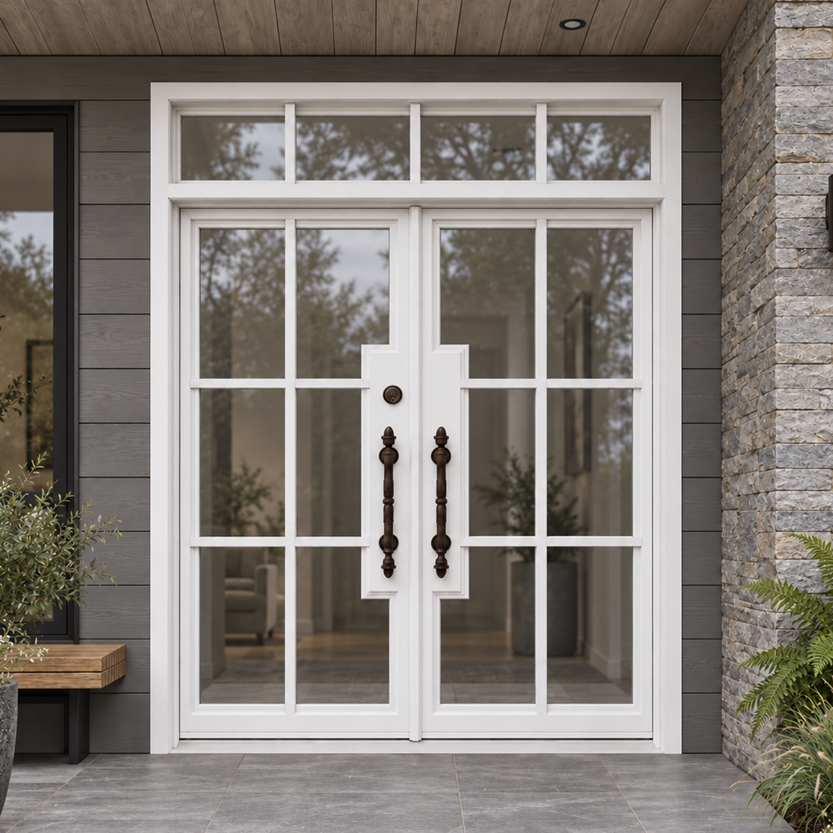 White double modern iron doors with divided glass, a four-pane transom, and dark decorative handles at a stone and wood entrance