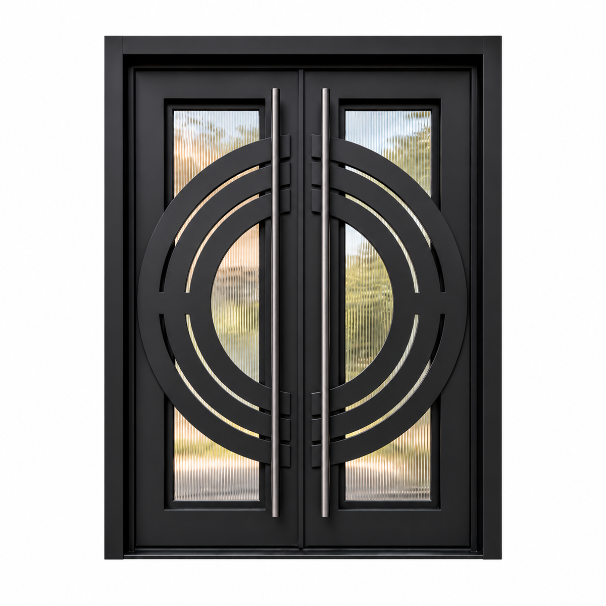 Front view of black double iron doors with mirrored concentric circular bands over reeded glass and tall vertical pull handles