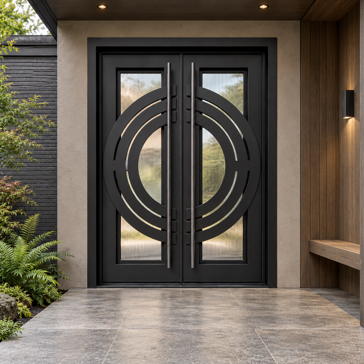 Black double modern iron doors with concentric circle ironwork, reeded glass, and long pull handles in a covered entrance