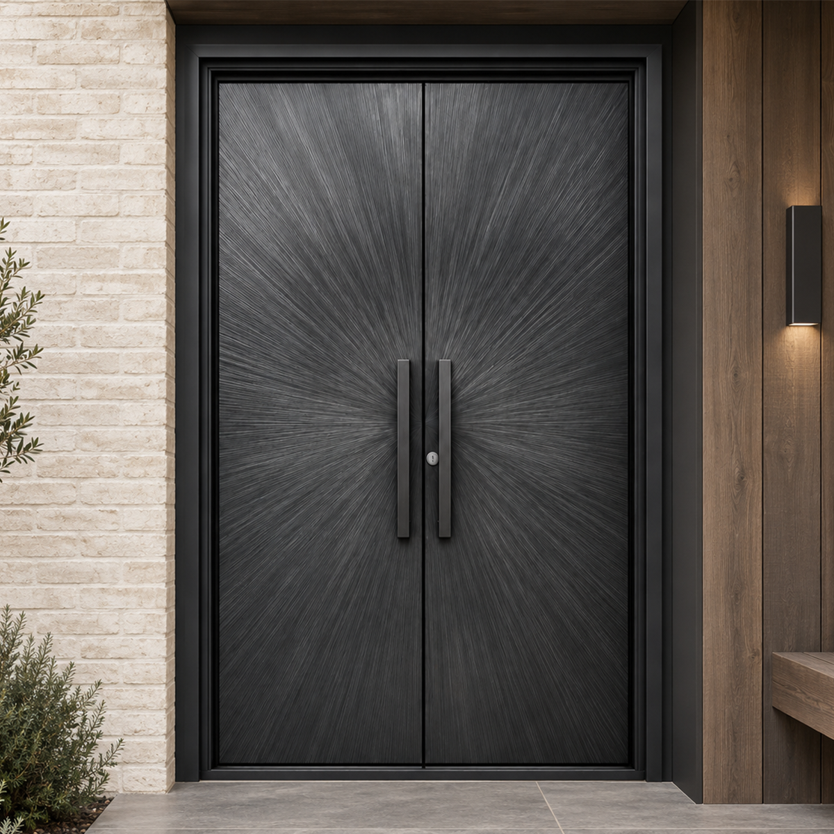 Charcoal double modern iron doors with radiating sunburst texture and straight pull handles in a brick and wood entrance