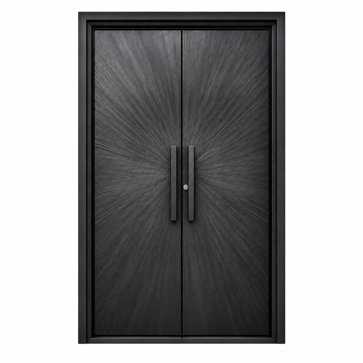 Front view of charcoal double iron doors with solid sunburst-textured panels, rectangular pull handles, and a square top frame