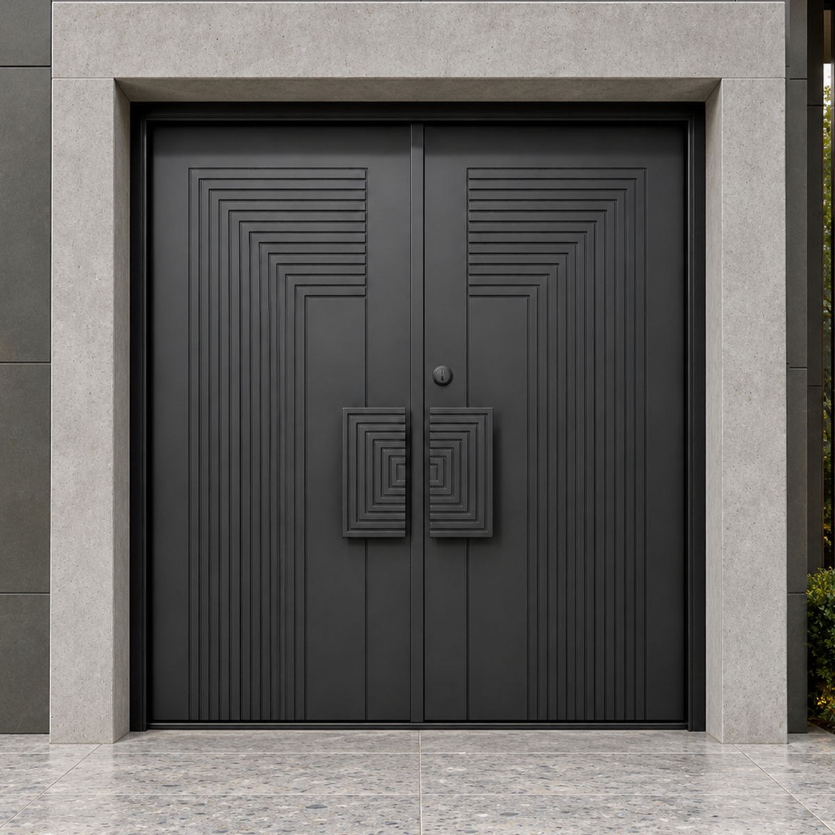 Black double modern iron doors with stepped geometric solid panels and sculptural square pull handles in a stone entrance