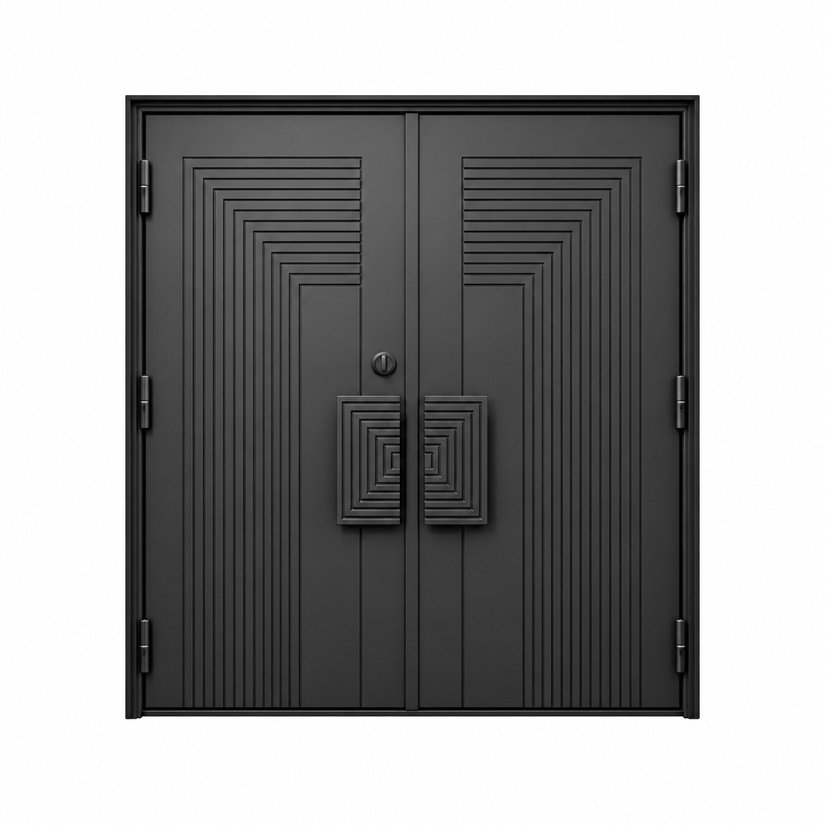 Rear view of black double iron doors with stepped geometric panels, square pull handles, a thumb-turn lock, and visible hinges