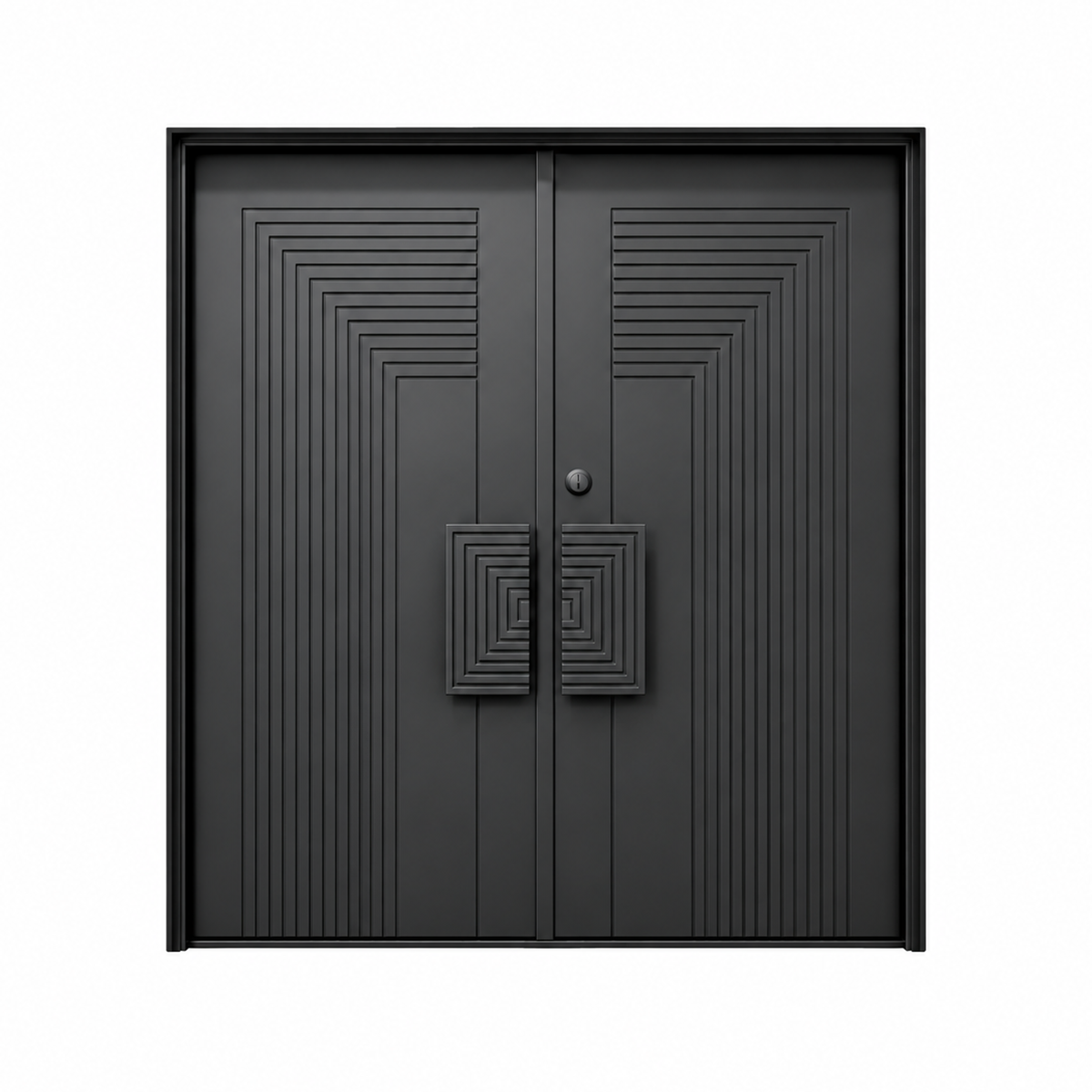 Front view of black double iron doors with mirrored right-angle panel detailing and paired nested-square pull handles