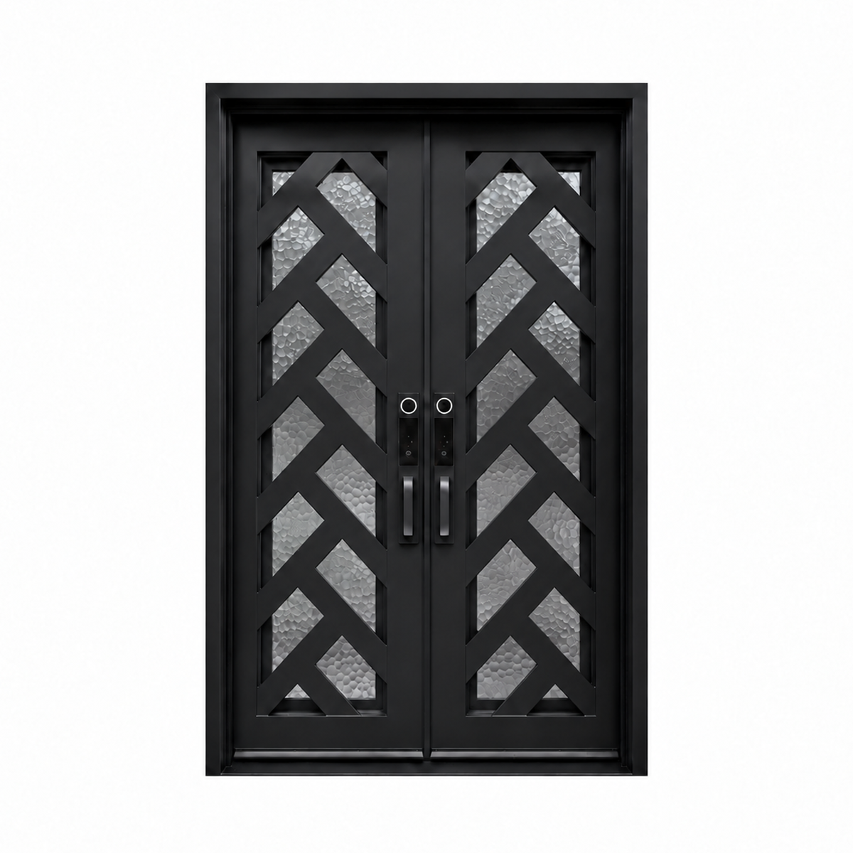 Front view of black double iron doors with wide diagonal zigzag bands, textured glass panels, and a square top frame