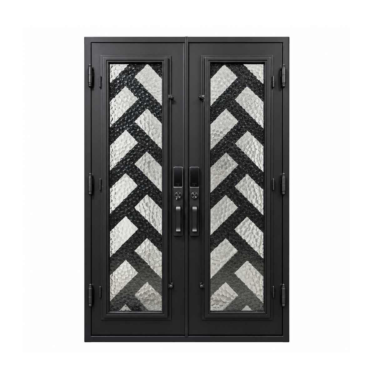 Rear view of black double iron doors showing textured glass, zigzag ironwork, pull handles, and exposed side hinges