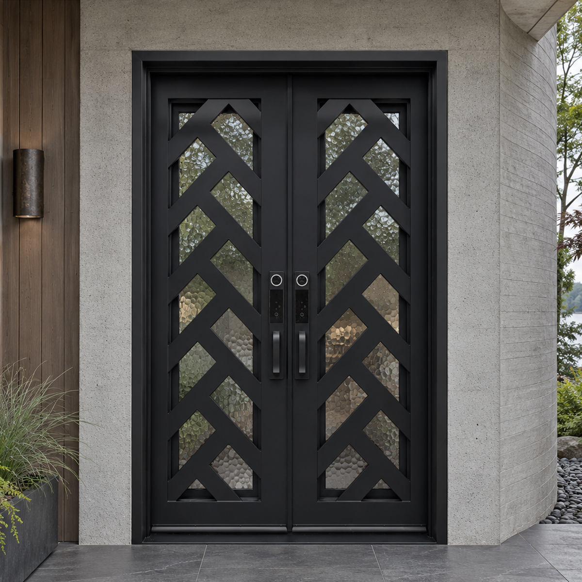 Black double modern iron doors with bold zigzag ironwork and textured glass in a contemporary concrete and wood entrance