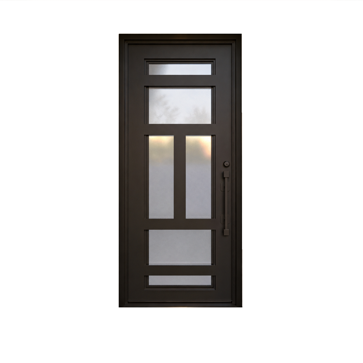 Dark single door with a plain solid panel and rectangular frame on a white background