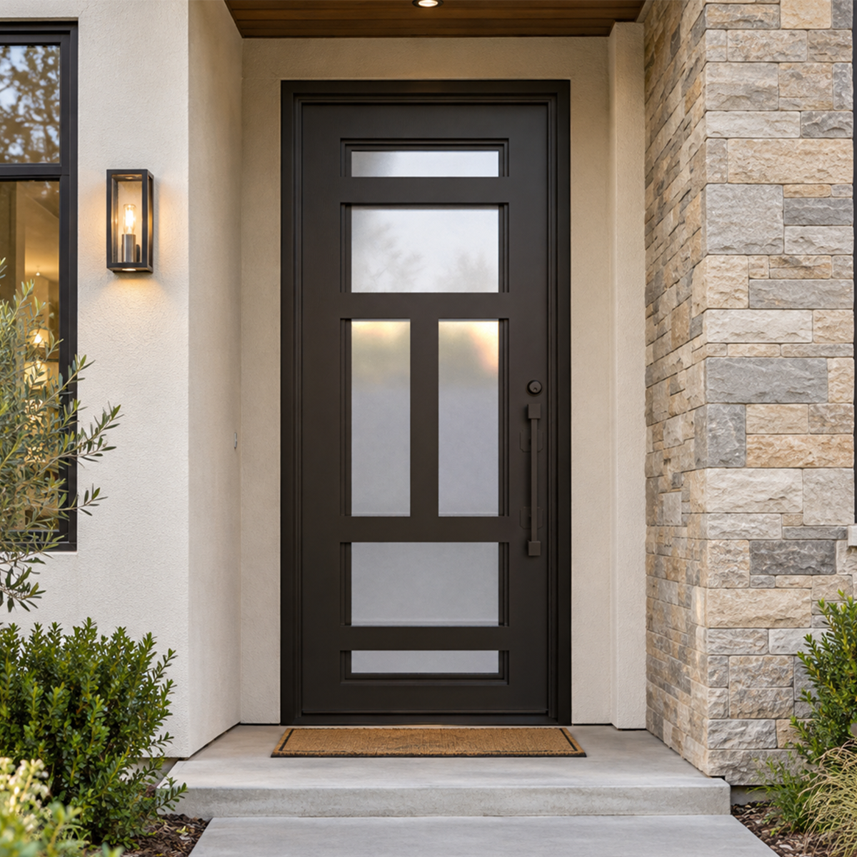 Single modern iron front door with rectangular glass panels and a vertical pull handle in a stone and stucco entrance