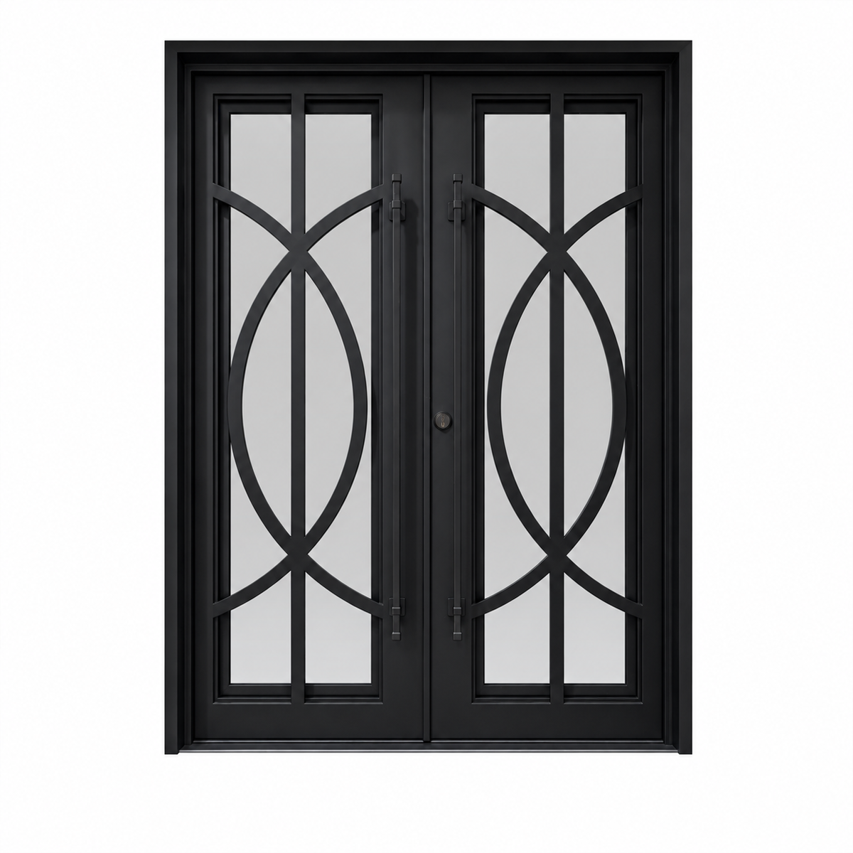 Front view of black double traditional iron doors with intersecting curved ironwork, tall glass panels, and long pull handles