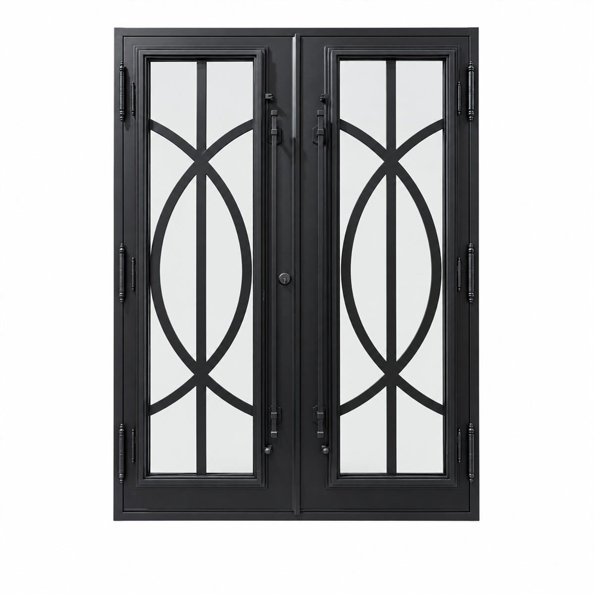 Rear view of black double iron doors with oval curved motifs, tall glass panels, long pull handles, and exposed side hinges