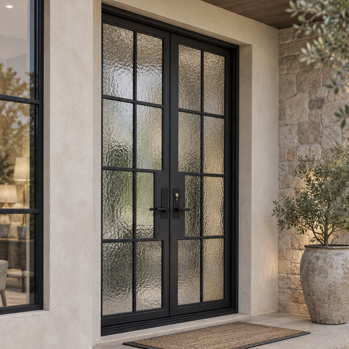 Angled exterior view of modern double iron front doors with stepped grid design and textured privacy glass