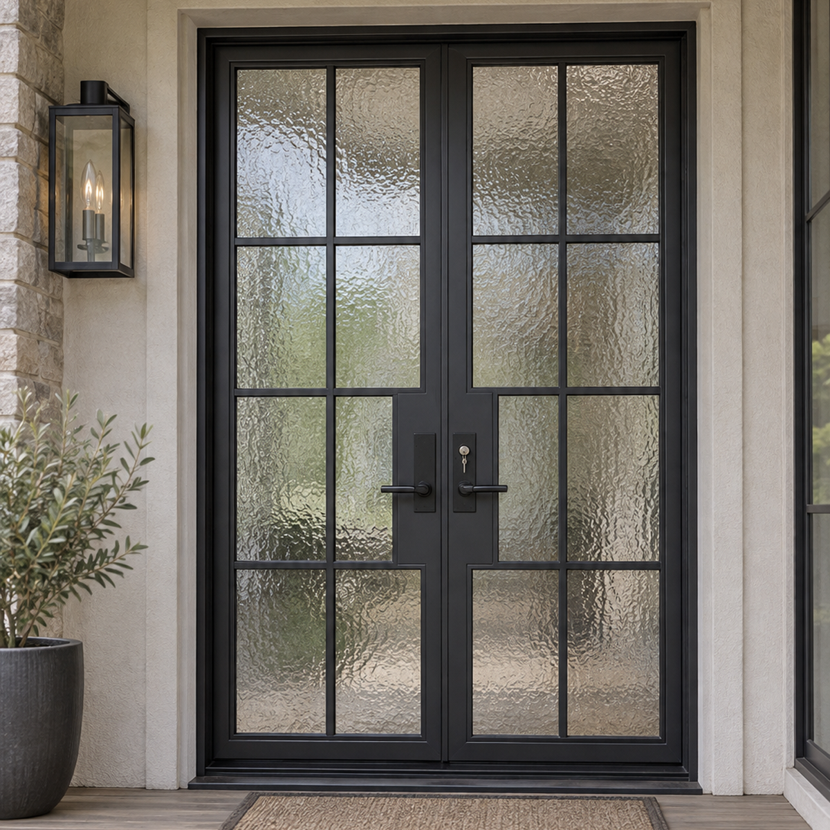 Modern double iron front doors with stepped grid design installed at a stylish exterior entryway