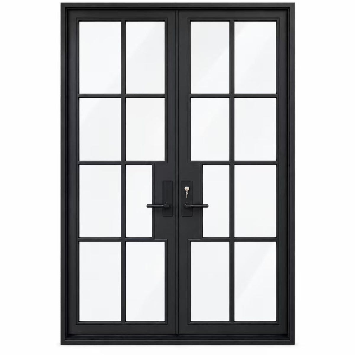 White background product image of modern double iron front doors with stepped grid design and textured privacy glass