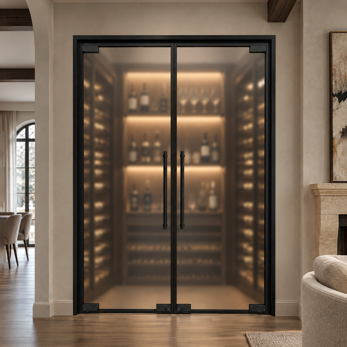 Modern double iron wine cellar doors with full glass panels in a luxury residential interior