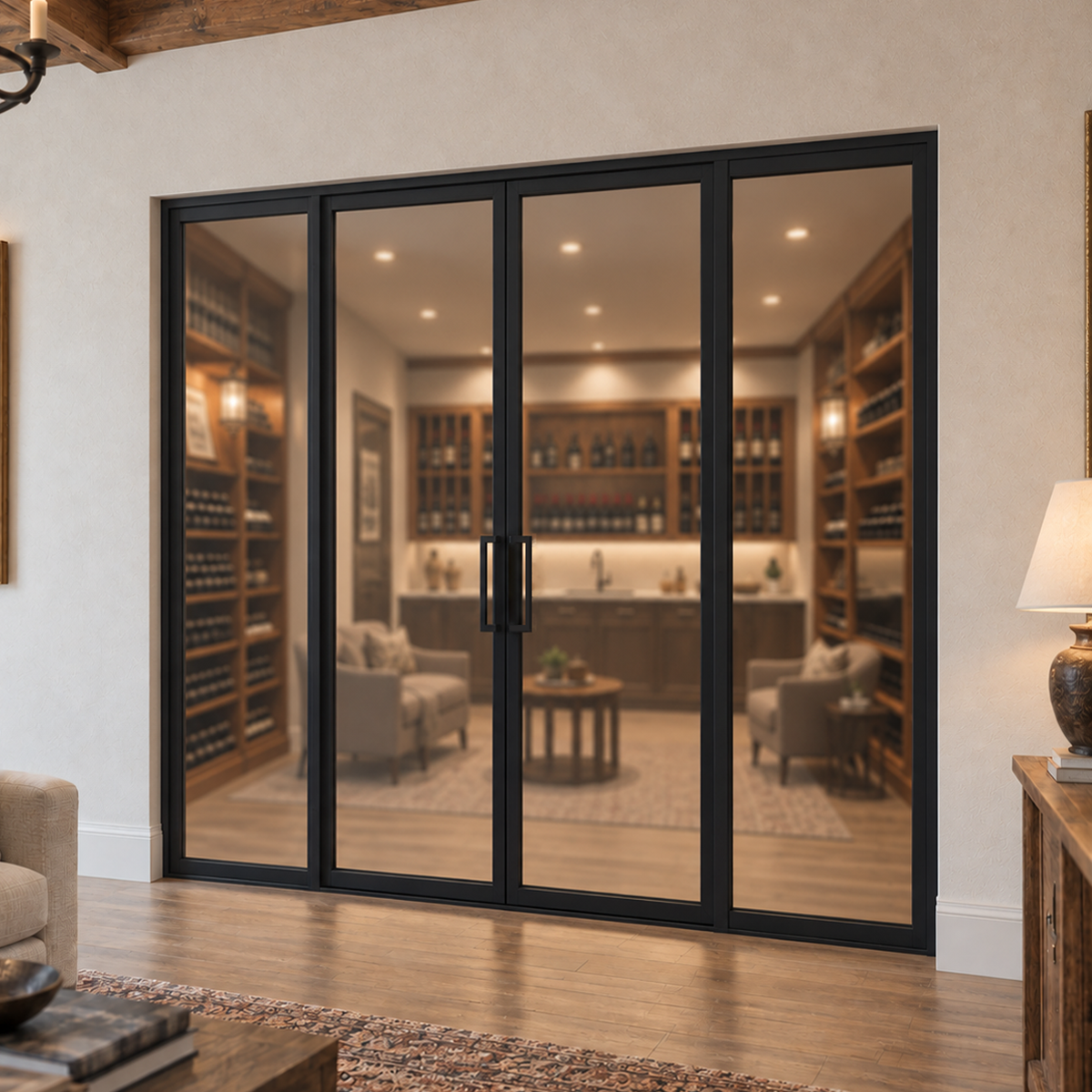 Angled view of a modern double iron wine room door with full glass sidelites installed in a residential wine room