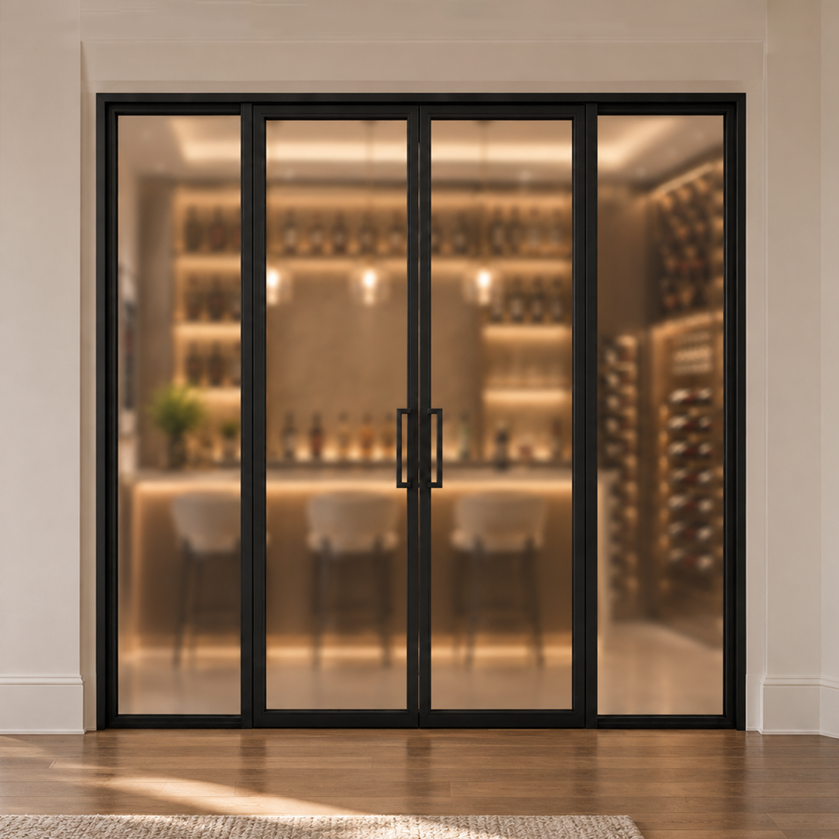 Modern double iron wine room door with full glass sidelites in a luxury interior wine cellar setting